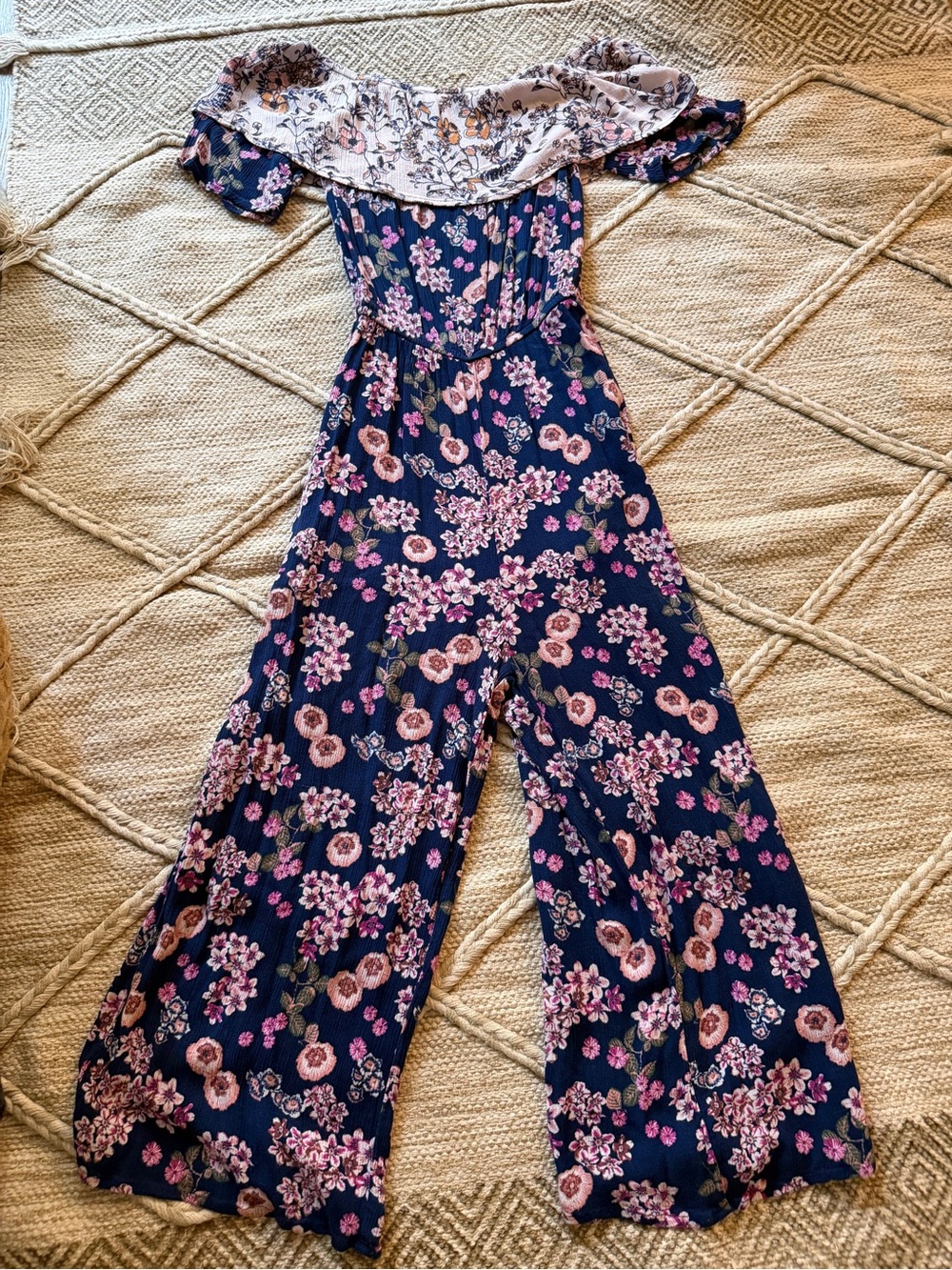 Xhilaration Navy Floral Off-Shoulder Wide-Leg Jumpsuit
